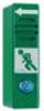 Eine grüne Metallbox mit einem Pikogramm eines flüchtenden Menschen. Es handelt sich um einen Fluchtwächter, der unter die Türklinke montiert wird.