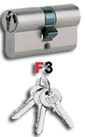Ein Schließzylinder von links gesehen, darunter ein Logo auf dem steht: F3 und darunter 3 Schlüssel an einem Bund.