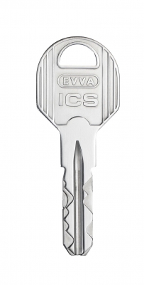 ein Grauer Schlüssel mit Evva ICS Aufdruck aus der Vorderansicht