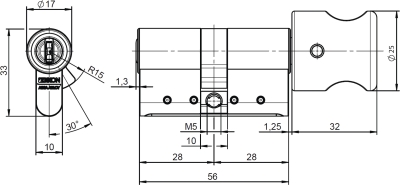 Technische Zeichnung für den elektronischer Knaufzylinder CliqGo mit Knauf Form 91 Assa Abloy