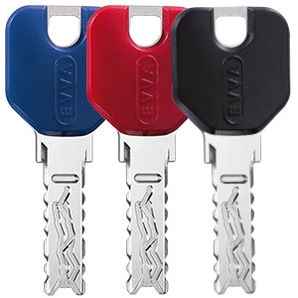 3 ICS Schlüssel mit blauer, roter und schwarzer Reide. Jede Farbe steht für eine der 3 möglichen Schlüsselvarianten für TAF