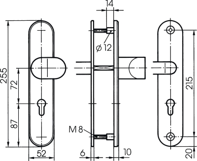 Stahl-Schutzbeschlag mit PZ-Lochung - Winkelknauf/Drücker S308 Maßzeichnung