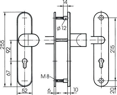 Stahl-Schutzbeschlag mit PZ-Lochung - Winkelknauf/Drücker S318 Maßzeichnung