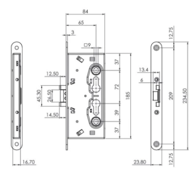 ISEO | Panikeinsteckschloss für Feuerschutztüren geeignet für Wechselgarnitur Technische Zeichnung