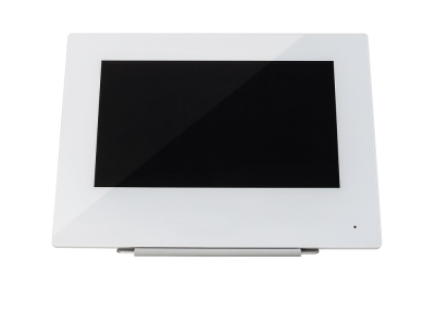 ein ABUS Monitor-Tischhalterung in weiß mit montiertem Bildschirm in weiß