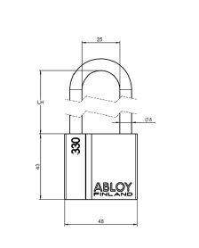 eine Technische Zeichnung eines ASSA ABLOY PROTEC² Vorhangschloss mit Bügelhöhe 25 mm