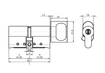 eine Technische Zeichnung eines ASSA ABLOY PROTEC² Knaufzylinder