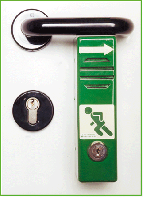 ein befestigter grüner Fluchttürwächter von GFS mit eingebauten Rundzylinder
