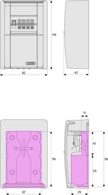 Technische Zeichnung für die Schlüsselbox KeyGarage 787 zur Wandmontage von ABUS