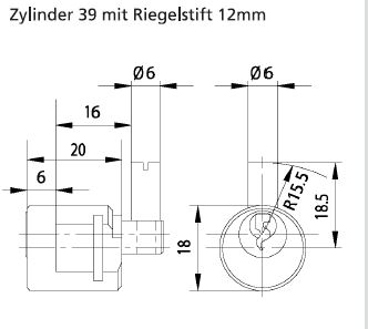 Technische Zeichnung für das Ersatz Briefkastenschloss BK 92 K SB von Burg Wächter mit dem Riegelstift 12mm