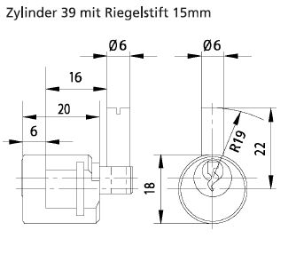 Technische Zeichnung für das Ersatz Briefkastenschloss BK 92 K SB von Burg Wächter mit dem Riegelstift 15mm
