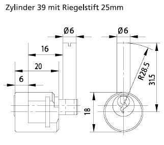 Technische Zeichnung für das Ersatz Briefkastenschloss BK 92 K SB von Burg Wächter mit dem Riegelstift 25mm