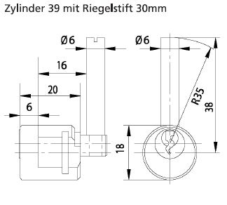 Technische Zeichnung für das Ersatz Briefkastenschloss BK 92 K SB von Burg Wächter mit dem Riegelstift 30mm