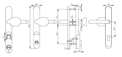 Technische Zeichnung Geminy Rohrrahmenbeschlag 92mm Drücker / Knopf Velourchrom von Drumm
