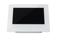 ein ABUS Monitor-Tischhalterung in weiß mit montiertem Bildschirm in weiß