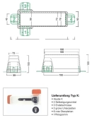 eine Darstellung des Zylinders + eine kurze Zusammenfassung der Maße und des Lieferumfanges für die Fluchttürhaube K